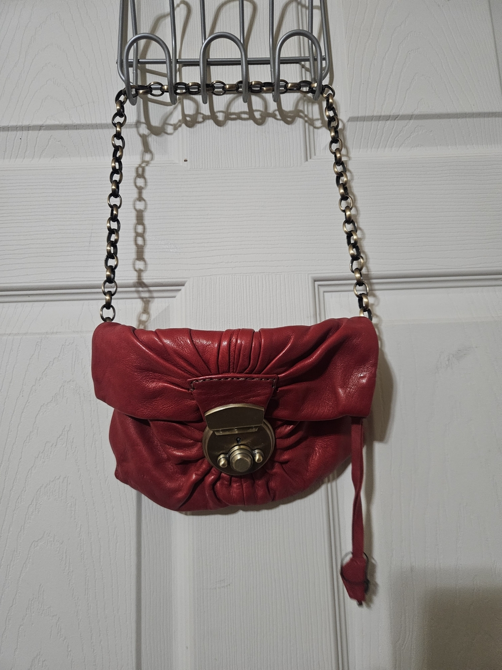 Red Mini Crossbody Bag with Chain Strap, Lock, and Key